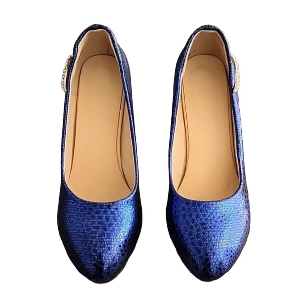 METALLIC COBALT BLUE VEGAN Platform Pumps 8 Heels Gold CZ Moon Charms Chunky - Picture 5 of 16